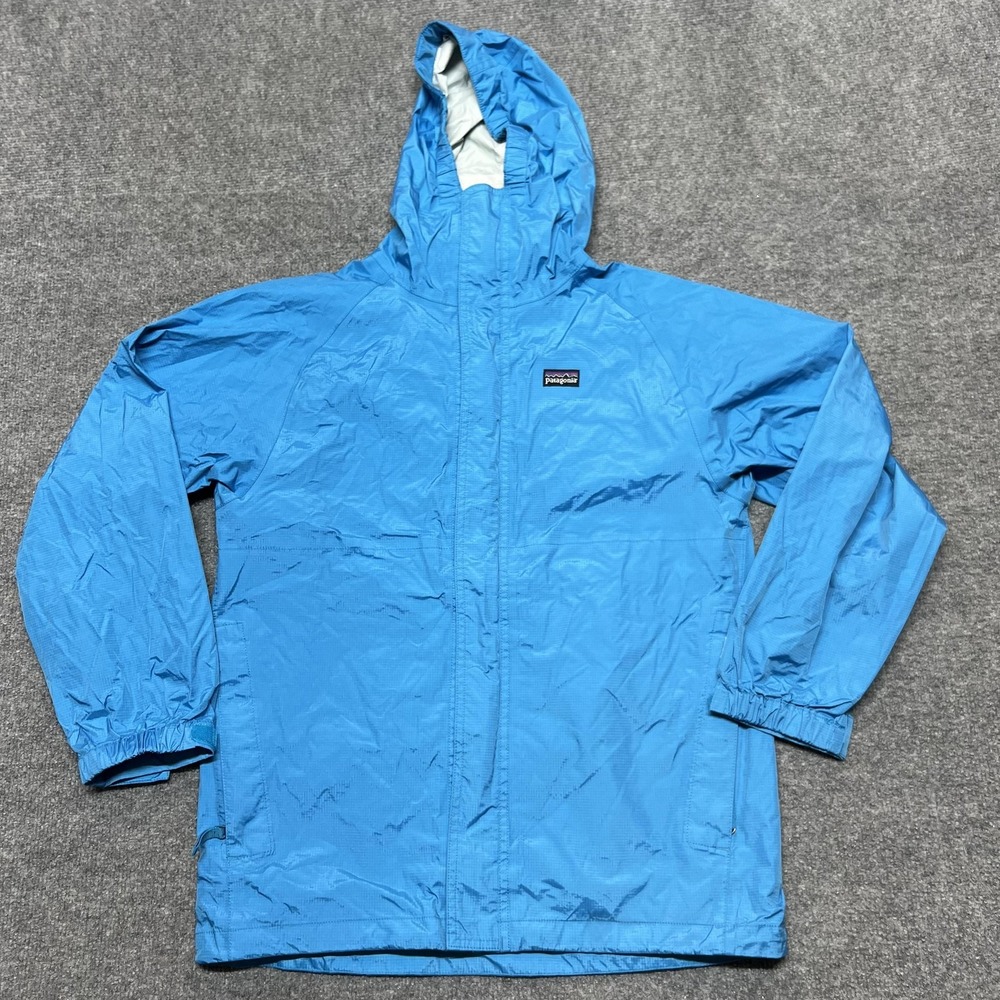 Patagonia Jacket Kids 14 Blue Hooded Rain Coat Waterproof Spring Hiking Shell